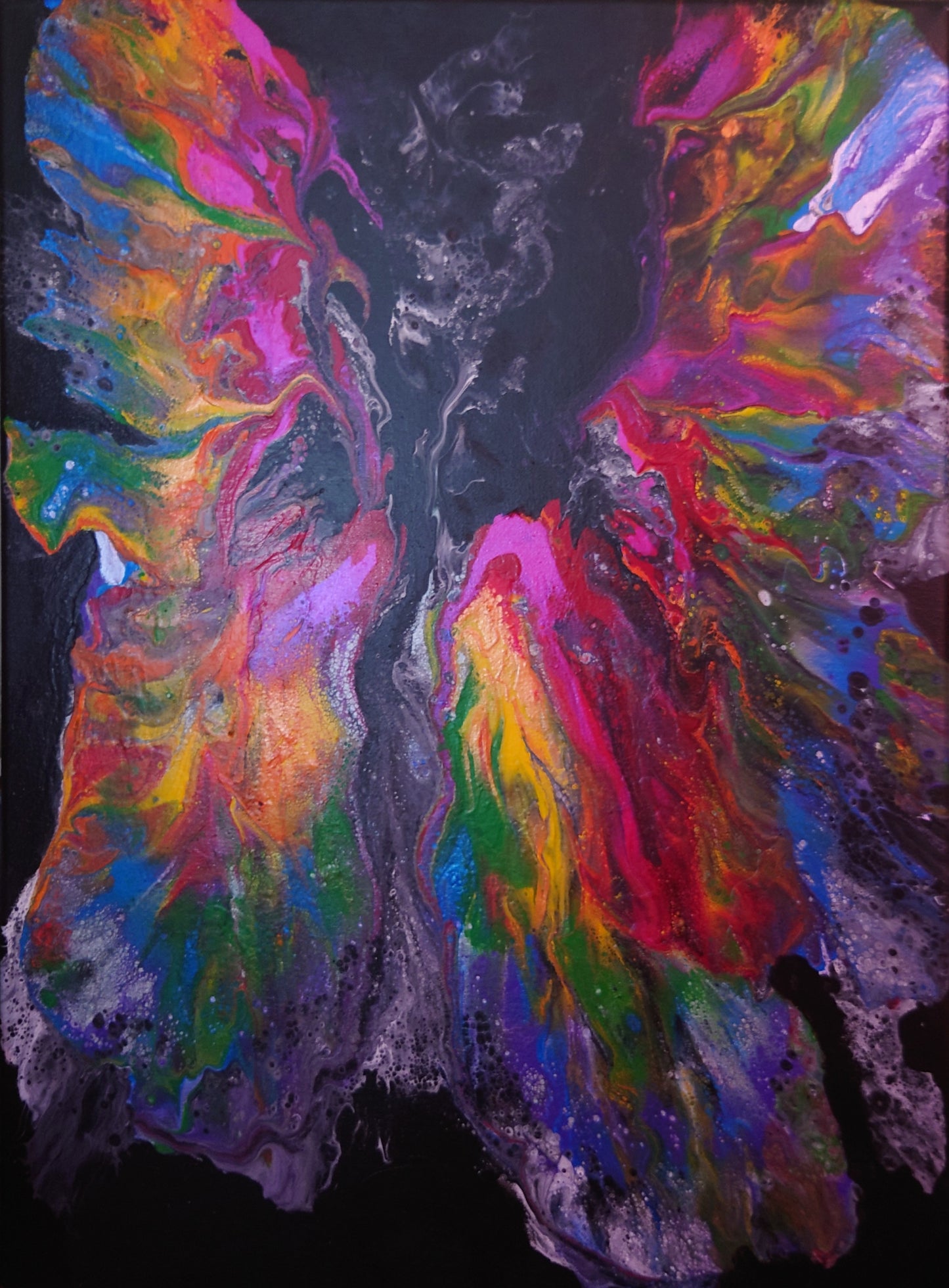 "flying through the smoke" Rainbow Angel Wings black base